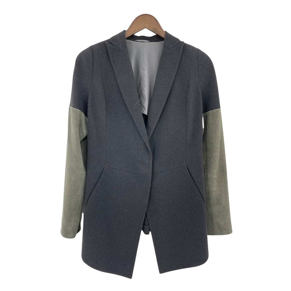 Brunello Cucinelli Women's Gray Green Leather Sleeve Blazer Jacket Size 46 Us 10